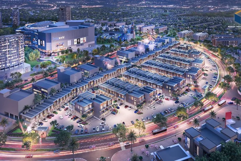 North Square District — Aerial Malam, CBD & Living World Lit Up, Urban Lifestyle